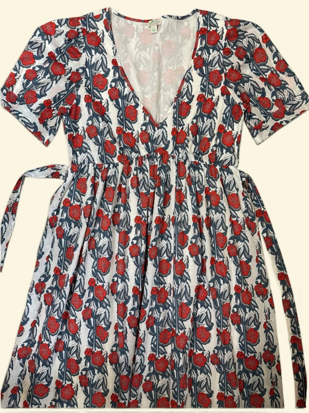 J.Crew Floral Cotton Maxi Dress Red Blue Tie Waist XS
